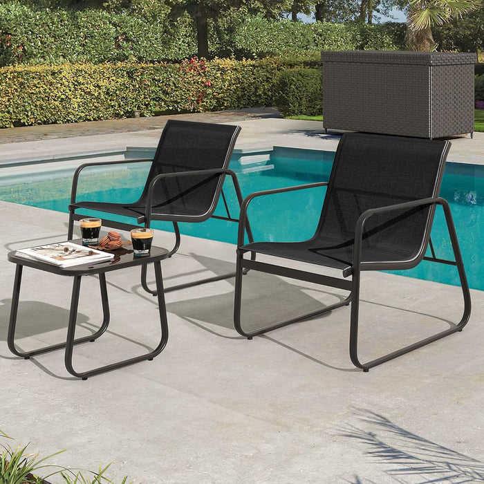 3 Piece Patio Furniture Set with Bistro Chairs and Glass Table, Textilene Fabric Outdoor Conversation Furniture Set for Backyard Lawn Garden Balcony Poolside (Black)