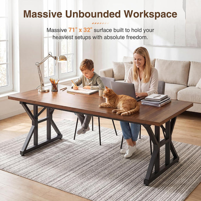 71 Inch Executive Desk, Large Computer Office Desk Workstation with Thick Desktop & Heavy Duty Metal Legs, Modern Industrial Writing Study Table for Home Office (Deep Brown/Black)
