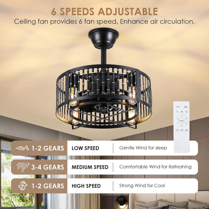 Caged Ceiling Fan with Light, 18 Inch Black Fandelier Ceiling Fans for Kitchen Bedroom Outdoor, Remote Control, Reversible
