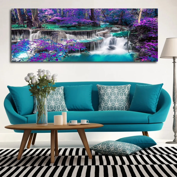 Waterfall Canvas Wall Art Purple Trees Forest Landscape Painting Picture Prints Black and White Purple Bathroom Bedroom Decoration Unframed 15.7*47.2 Inch