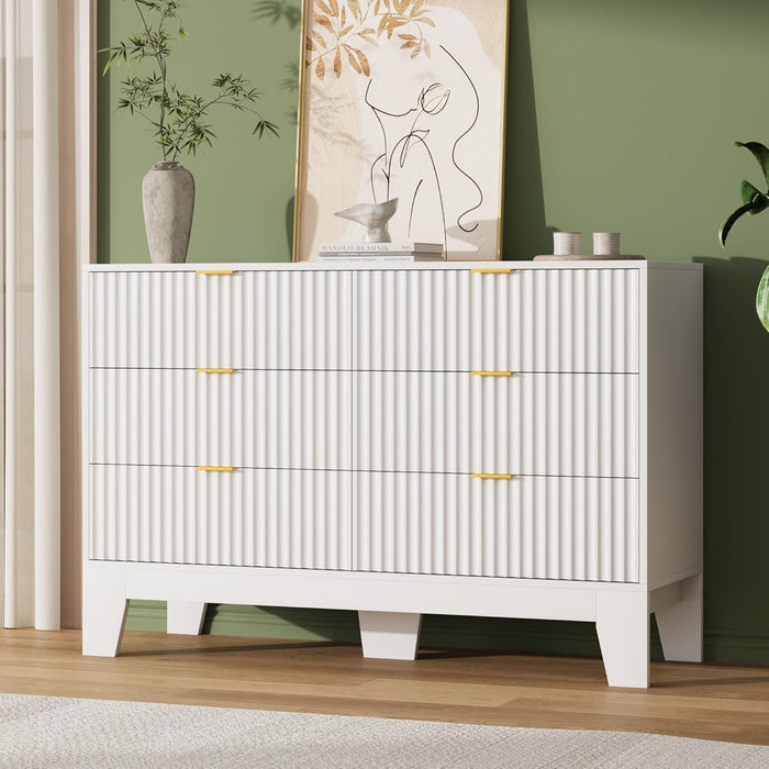 6 Drawer Dresser for Bedroom, 47" Wide Modern Fluted Dresser with Gold Metal Handles, Chest of Drawers for Bedroom, Living Room, Entryway, Hallway, White
