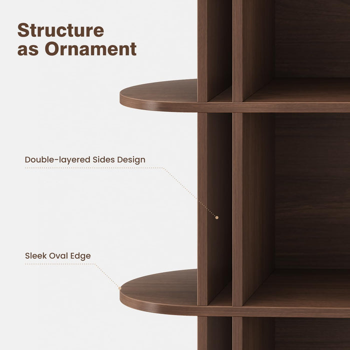 Walnut 3-Tier Oval Bookshelf - Curved Horizontal Bookcase, 9-Cubes
