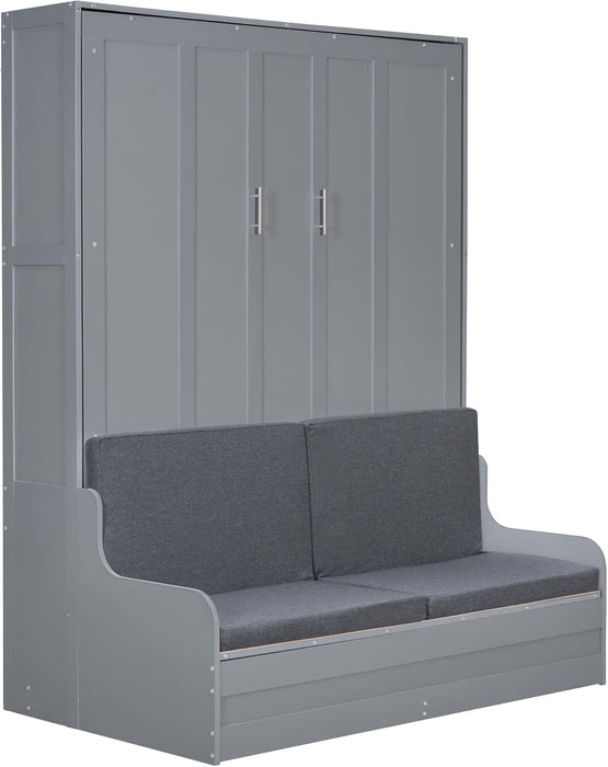 Queen Size Murphy Bed, Wall Bed with Sofa and Cushion, Grey