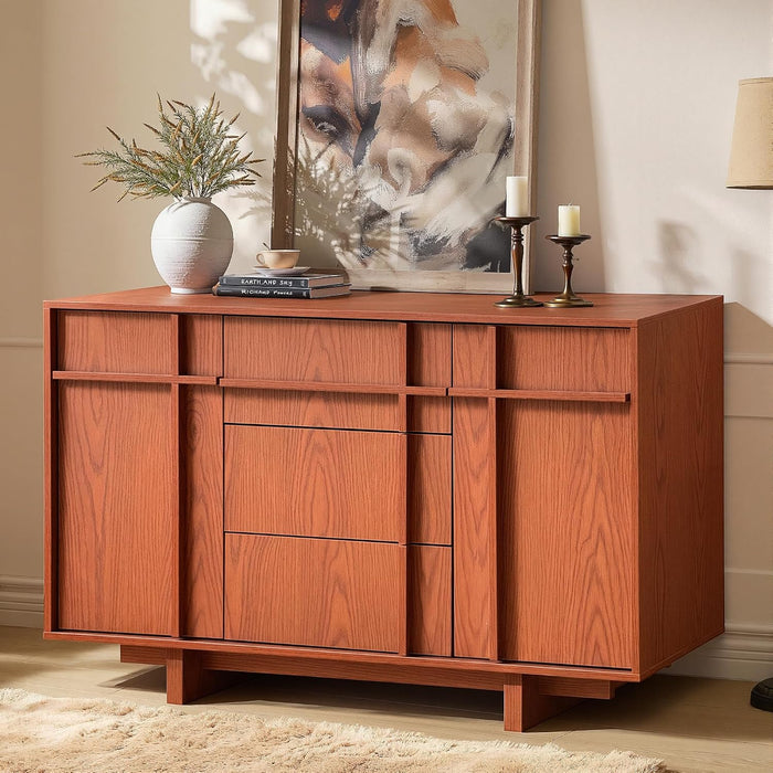 47.2" Buffet Cabinet with Storage, Skeleton Line Design, Cherry | Sideboard with Drawers, Mid Century Modern Accent Cabinet with Wood Gain, Console Cabinets for Living Dining Room Entryway