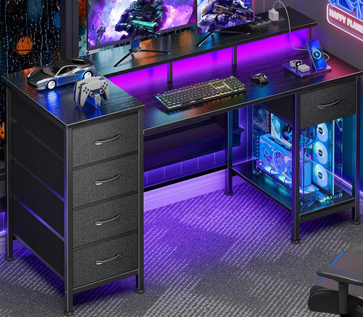 47 Inch Gaming Desk with Power Outlets and LED Lights, Reversible Computer Desk with 5 Fabric Storage Drawers, Home Office Desk with Monitor Stand for Working Writing Study, Black