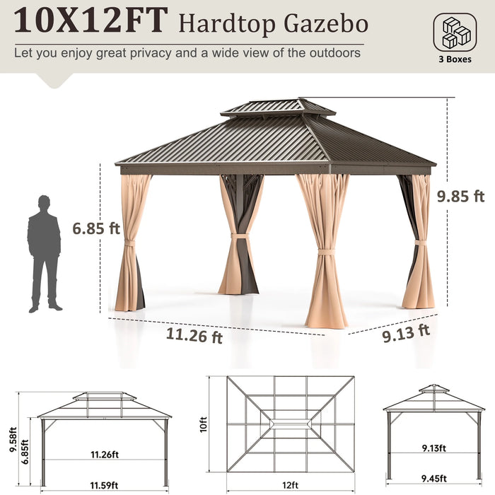 10X12 FT Hardtop Gazebo, Heavy Duty Gazebo with Aluminum Frame and Galvanized Steel Double Roof for Garden, Patio, Lawns