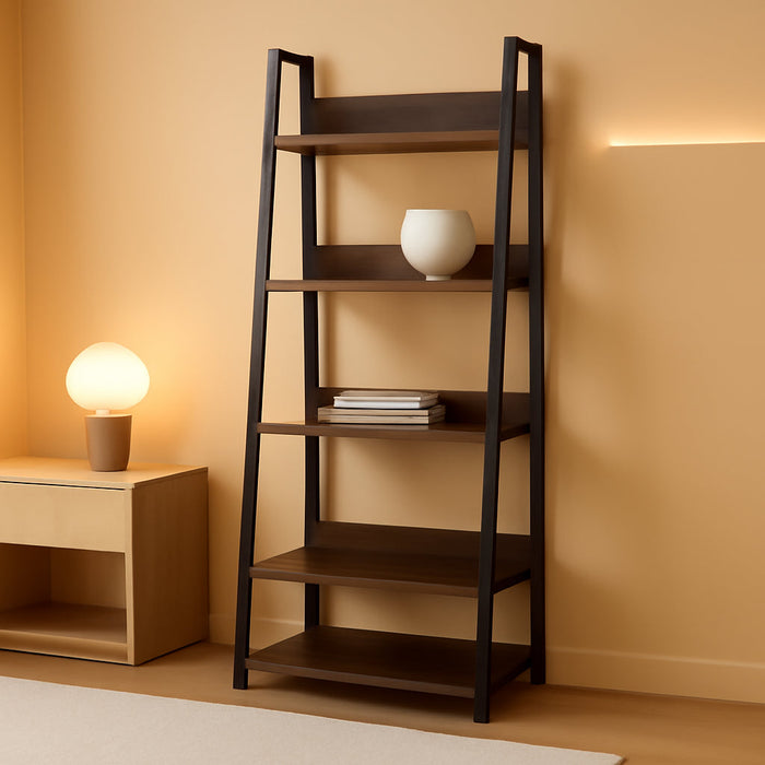 Industrial Bookshelves and Bookcases, Ladder Shelf 5 Tiers with Metal Frame for Living Room, Home Office, Rustics Brown
