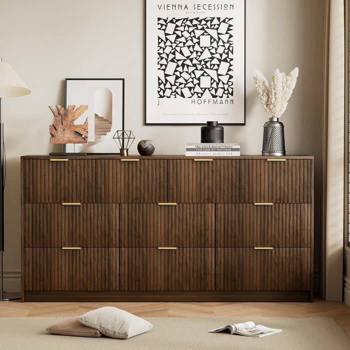 Walnut 10 Drawer Dresser for Bedroom, 63" Wide Fluted Wood Dresser
