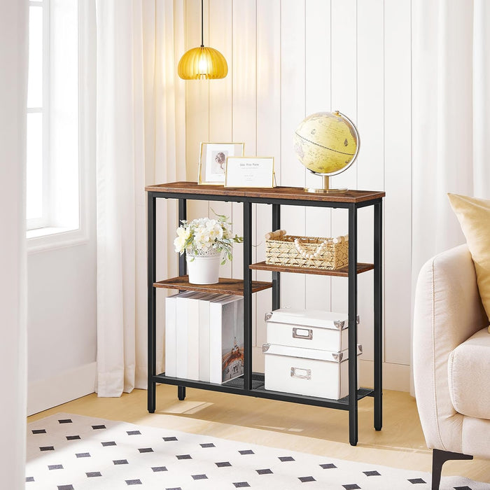 Narrow Console Table, Sofa Table, 4-Tier Industrial Entryway Table with Metal Mesh Shelf, Hallway Table with Adjustable Feet, for Entryway, Living Room, Hallway, Rustic Brown and Black BF79XG01