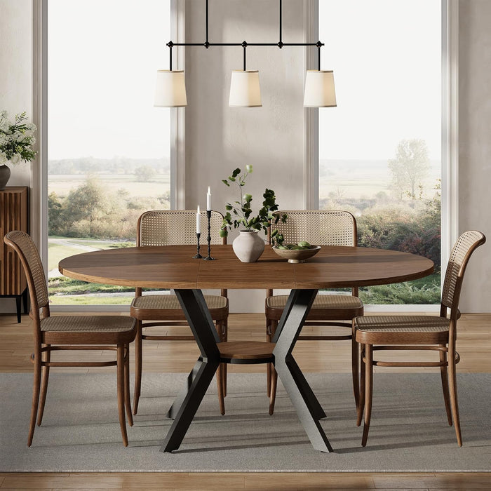42"-58" Extendable round Dining Table for 4-6, Kitchen Oval Table with Hidden Leaves & Storage Shelf, Space Saving Modern Design with Sturdy Metal Legs for Kitchen, Dining Room & Small Apartments
