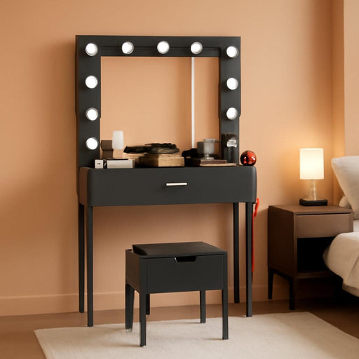 Vanity Table Set with Lighted Mirror - Makeup Vanity with Charging Station, Large Drawer Sturdy Wood Vanity with Lights, 3 Color Modes, Adjustable Brightness，Black