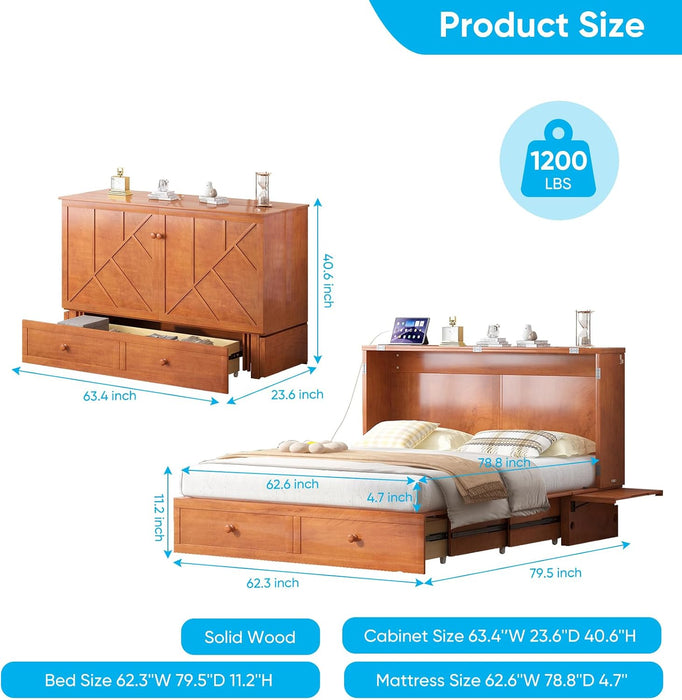 Cherry Solid Wood Murphy Bed CabinetWithUSBPort Queen