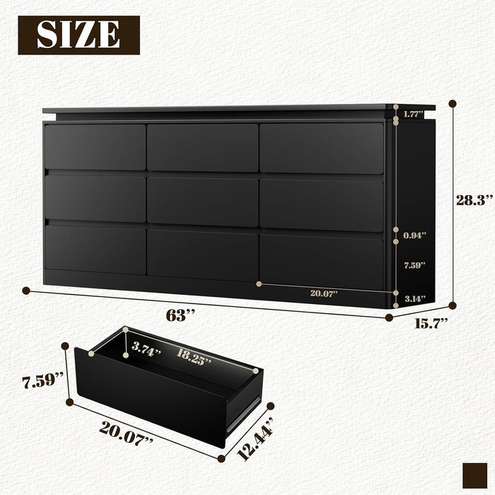 9 Drawer Dresser for Bedroom, 63" Long Black Chest of Drawers W/Led Lights