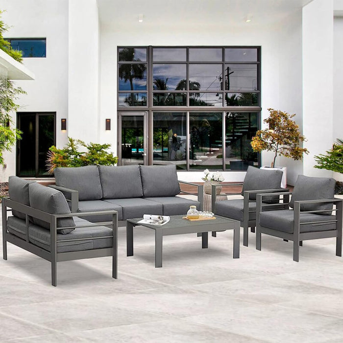 Aluminum Outdoor Patio Furniture Set,7 Seats Modern Patio Conversation Sets, Outdoor Sectional Metal Sofa with 5 Inch Cushion and Coffee Table for Balcony, Garden, Dark Grey