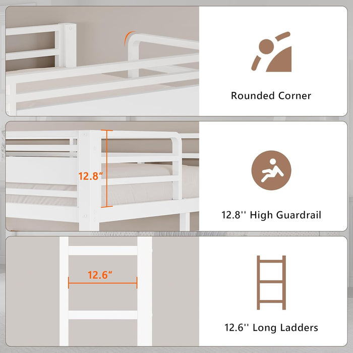 White Metal Bunk Bed TwinOverFull HeavyDuty Railings