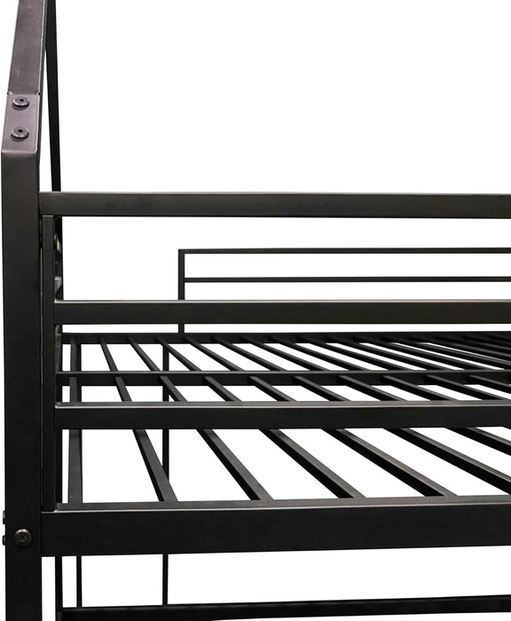 Full over Full House Bunk Bed with Slide and Roof Design & Ladder, Metal Playhouse Bedframe for Kids, Boys and Girls, Easy Assembly & No Box Spring Needed (Black)