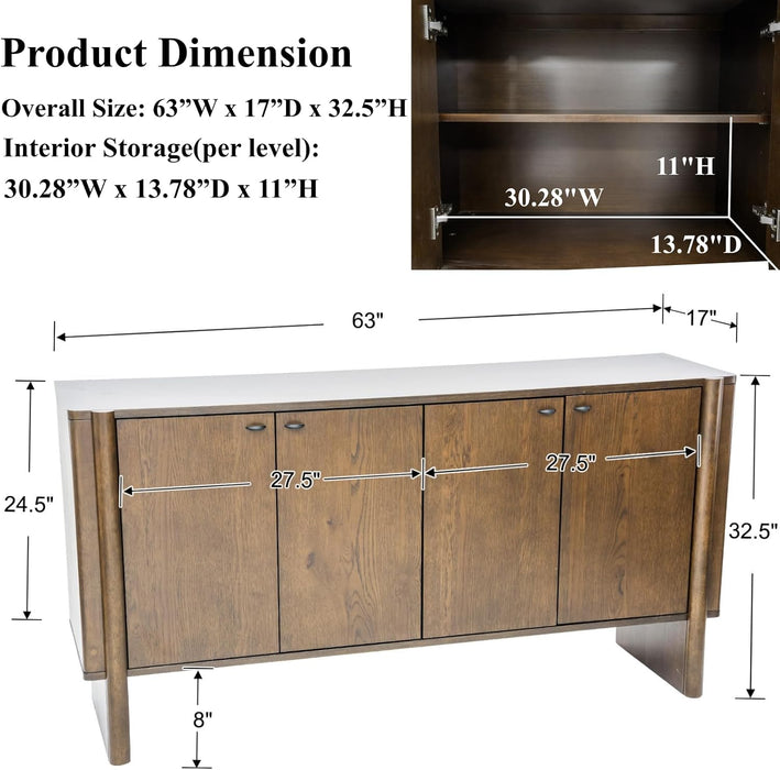 Brown Sideboard Buffet Cabinet, Modern Storage Accent Entryway Cabinet with 4 Doors, Farmhouse Wooden Buffet Media Console Credenza for Living Room/Kitchen/Hallway