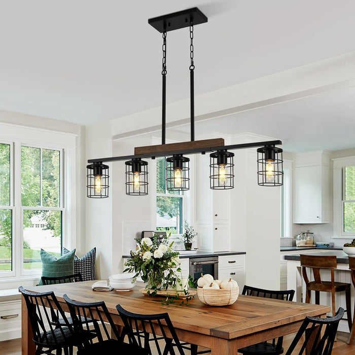 Dining Room Light Fixture/Chandelier over Table, 36.2-Inch Hanging for Farmhouse Linear Chandeliers,5-Light Kitchen Island Lighting, Black Rustic Wooden Ceiling Chandelier,With Metal Lampshade