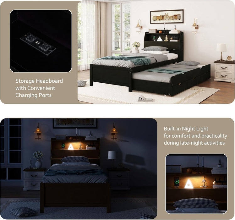 Twin Size Wooden Platform Bed with Trundle & LED Storage Headboard - 3 Drawers, Wood Twin Captain Bed with USB Outlets and Hidden Flip-Up Compartment for Kids Teens Boys Girls (Espresso)