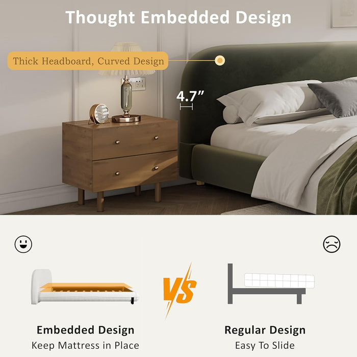 King Size Teddy Fleece Thick Fabric Upholstered Platform Bed with Curved Shaped Headboard, Wood Bed Frame with Solid round Legs for Kids Teens Adults, Olive Green