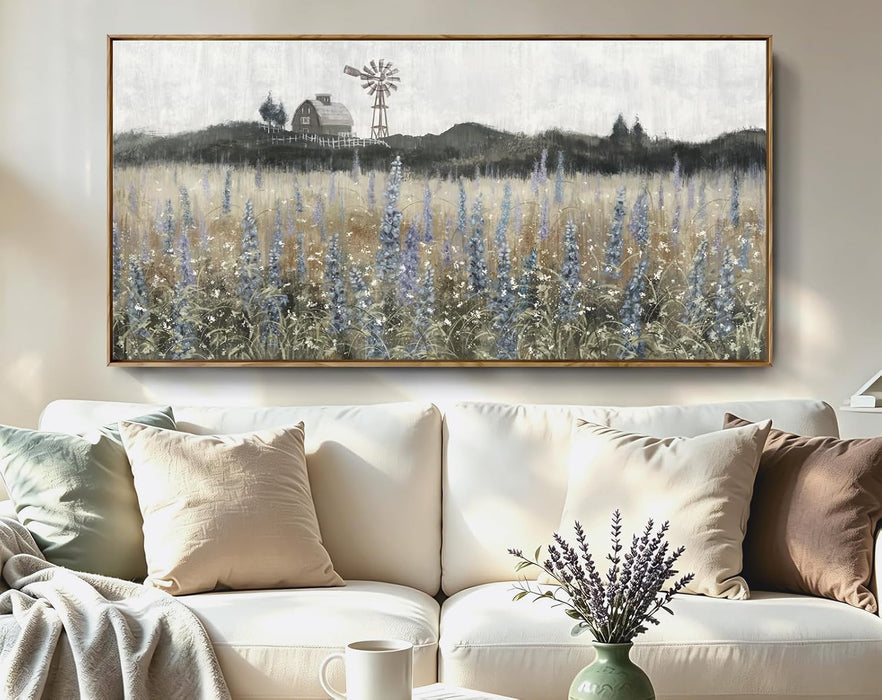 Large Vintage Framed Canvas Wall Art for Living Room, Rustic Farmhouse Countryside Windmill and Barn Landscape Painting, Retro Wildflower Field Meadow Print, 48"X24" Ready to Hang