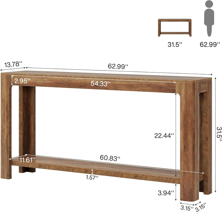 63 Inch Entryway Console Table, 2-Tier Farmhouse Narrow Sofa Table behind Couch, Accent Entrance Console Furniture for Entryway, Foyer, Hallway, Rustic Brown