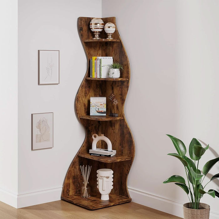 Corner Shelf, Rustic 5-Tier Wall Corner Bookshelf, Stylish Corner Small Bookcase Storage Rack Plant Stand with Unique Shape for Living Room, Home Office (1PC, Brown)