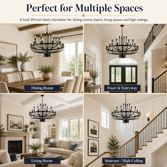 Large Black Chandelier 24-Light, round 39 in Wagon Wheel Light | 3-Tier Farmhouse Candle Pendant with E12 Base for Dining Room, Foyer, Living Room, Hallway, High Ceiling