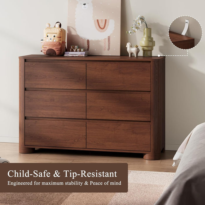 Walnut Dresser for Bedroom with 6 Drawers, 47" W Modern Chest of Drawers with Unique Thickened Foot, Rounded Corner Design, Wooden Dresser Organizer for Bedroom, Living Room, Hallway