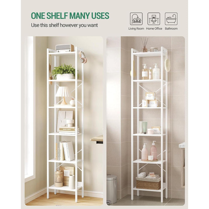 Bookshelf, Book Shelf, Industrial Bookcase with 2 Hooks, Coner Shelf Storage Organizer for Home Office, Living Room, Bedroom, Kitchen, 6-Tier White BC10713W