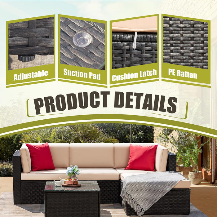 5 Piece Patio Conversation Set Wicker Rattan Furniture Outdoor Sofa with Cushions,Pillows & Glass Table for Porch,Lawn and Yard,Beige