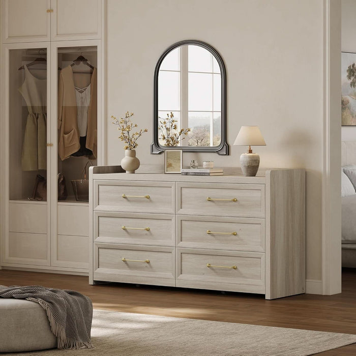 6 Drawer Dresser for Bedroom-56.4" Extra-Wide Wooden Chest of Drawers with Large Storage, Long Dresser TV Stand with Drawers, Farmhouse Closet Dressers for Nursery Living Room, Grey White Oak