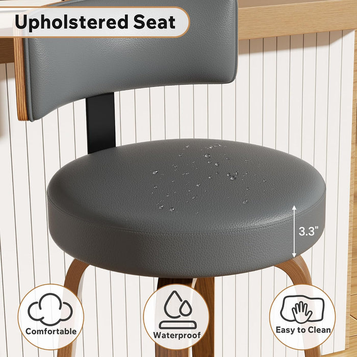Swivel Bar Stools Set of 4, 26" Upholstered Faux Leather Counter Height Bar Stools with Back and Bentwood Legs, Mid Century Modern Bar Chairs Island Stools for Kitchen Counter, Dark Grey