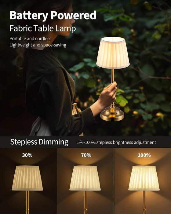 Portables Cordless Table Lamp, Fabric Shade Desk Lamp, 4000Mah Rechargeable Battery Powered Lighting, Dimmable Light for Dining Room, Bedroom, Bedside, Bar, Night Light, Camping, Balcony (Gold)