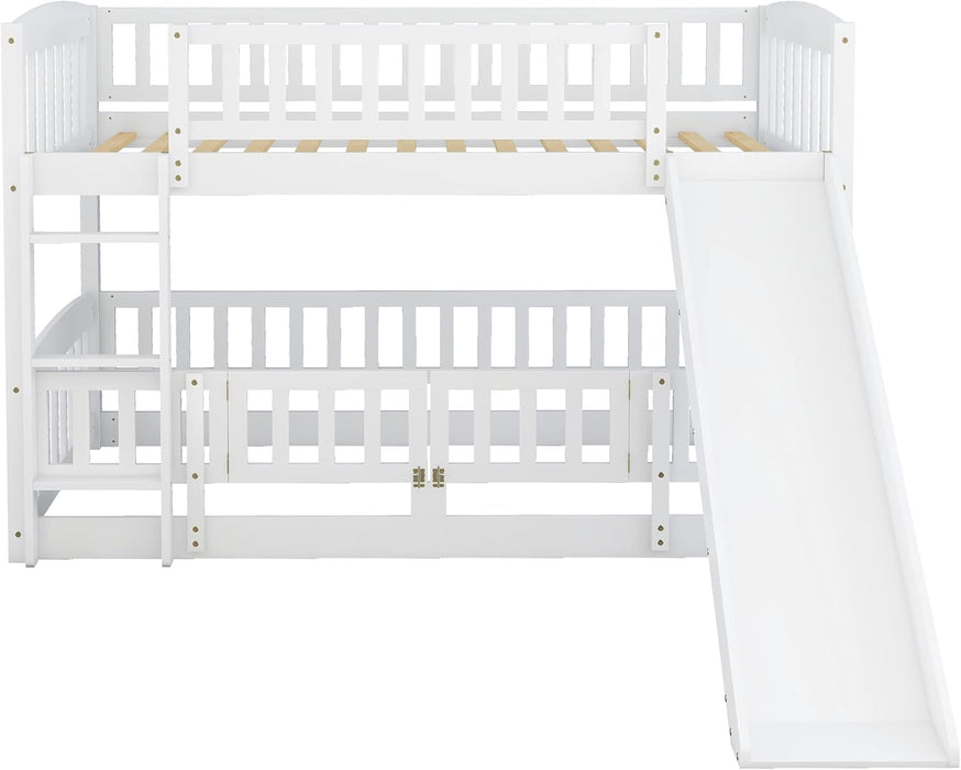 Bunk Bed Twin over Twin with Slide and Stairs, Twin Bunk Bed for Kids, Girls, Boys, Floor Bunk Bed with Fence and Door, White