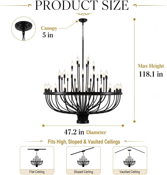 Large Chandelier for High Ceilings, 48-Light Black Wagon Wheel Chandelier, 47.2 Inch 3-Tier Extra Farmhouse Dining Room Light Fixture for Foyer, Living Room, Entryway