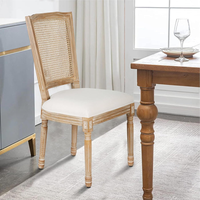 Dining Chairs Set of 2 Beige Rattan Square Back with Solid Wood Legs and Frame for French Country Kitchen Dining Room