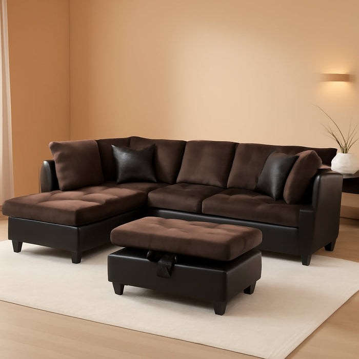 3-Piece Contemporary Sectional Sofa with Chaise and Storage Ottoman for Living Room Furniture | Faux Leather & Microfiber Upholstery|Removable High Density Memory Foam Cushions (Chocolate,Left-Facing)