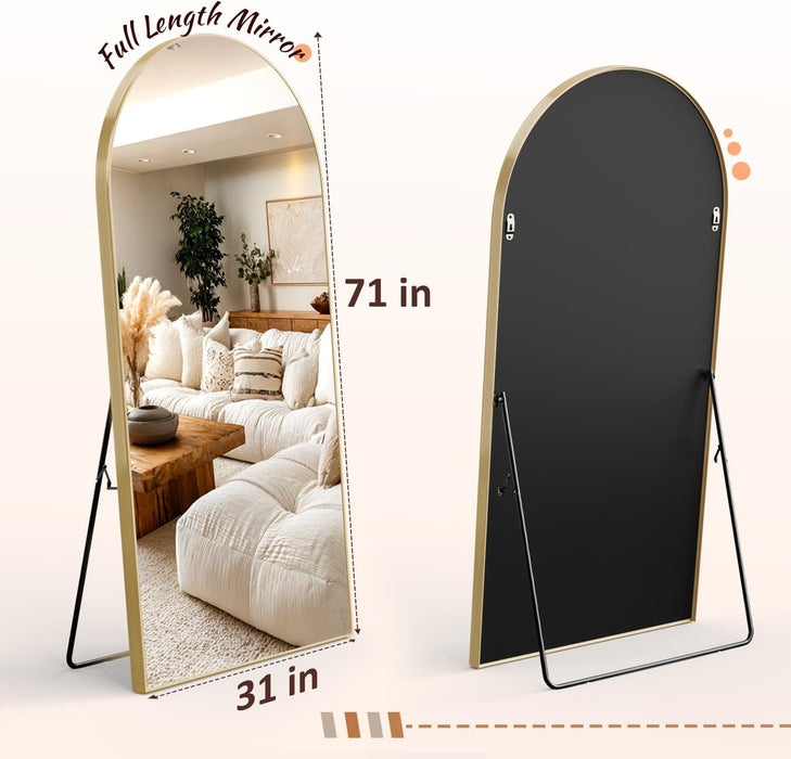 71" X 31" Arched Full Body Mirror,Standing or Leaning Tempered Glass Shatterproof Full Length Mirror with Stand for Bedroom Living Room Entryway,Gold