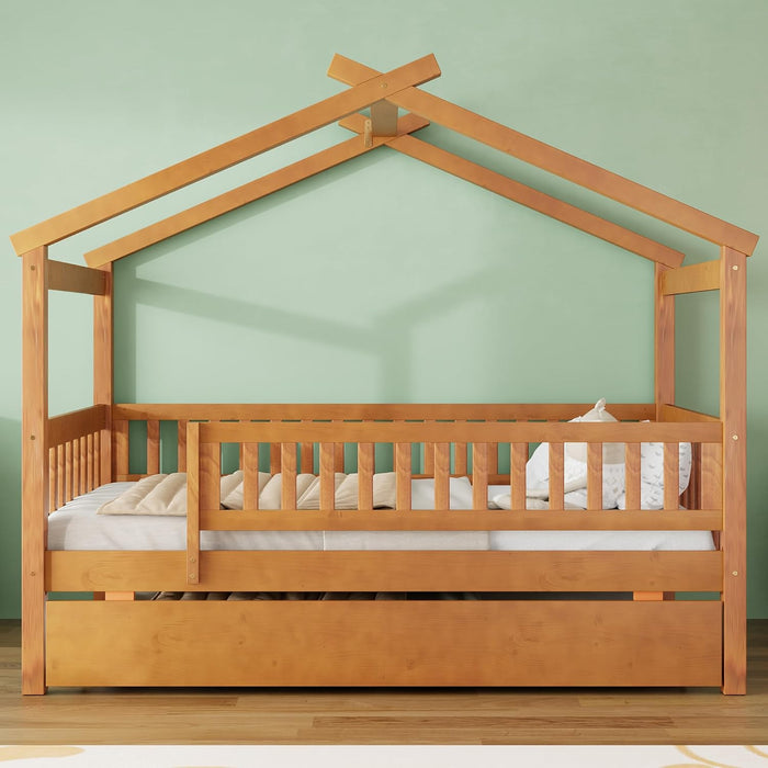 Walnut Solid Wood House Bed Trundle UnitBundleWithDrawers