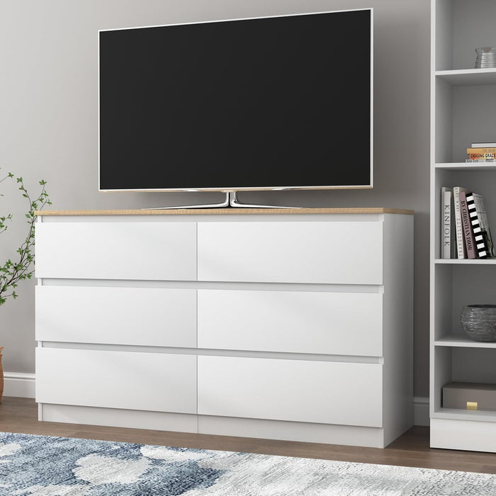 White FortySevenInch SixDrawerStorage DresserWoodTop