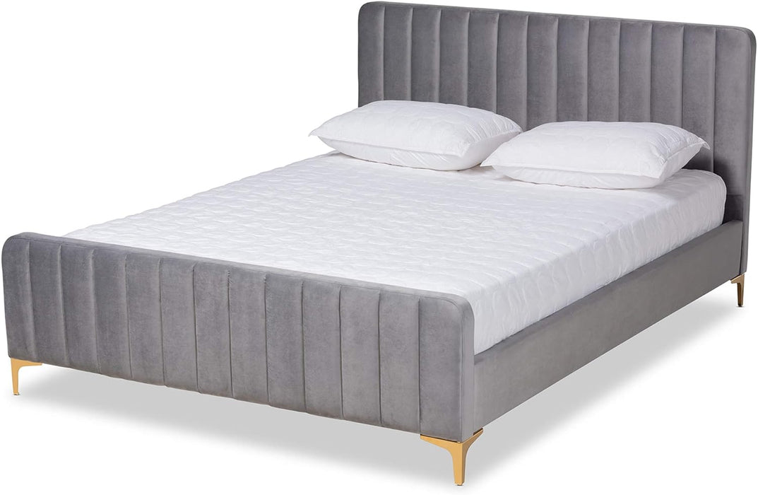 Nami Modern Contemporary Glam and Luxe Light Grey Velvet Fabric Upholstered and Gold Finished Queen Size Platform Bed