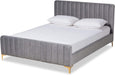 Nami Modern Contemporary Glam and Luxe Light Grey Velvet Fabric Upholstered and Gold Finished Queen Size Platform Bed
