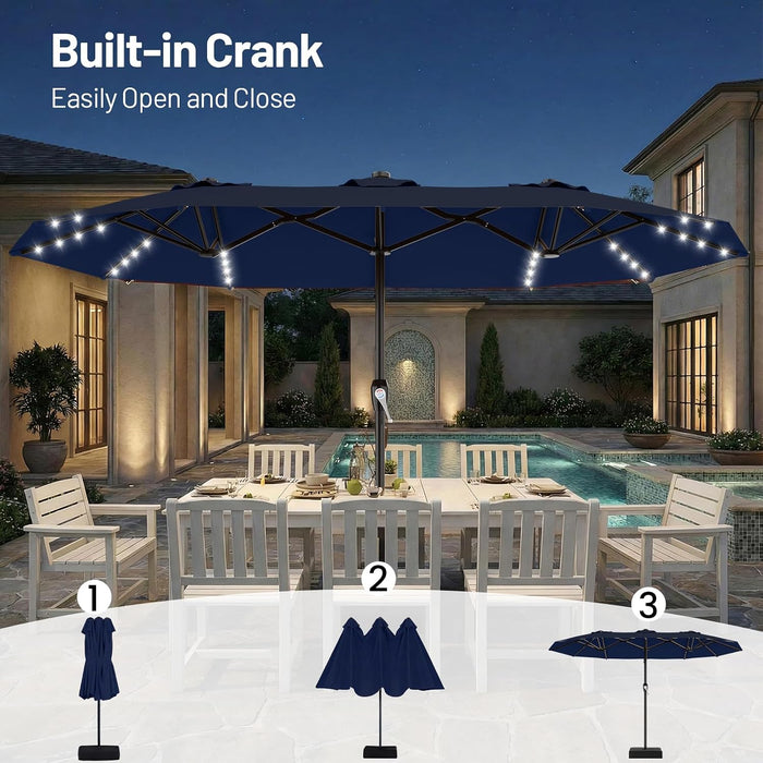 15FT Patio Umbrella with Solar Lights, Double Sided Outdoor Table Umbrellas with Crank, Large Rectangular Market Umbrella for Porch, Lawn, Pool, Backyard, Navy
