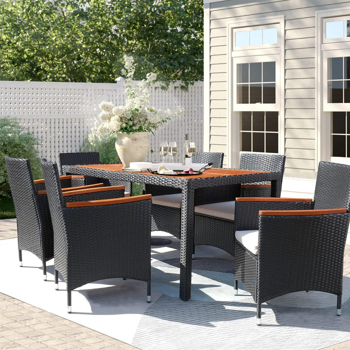 7 Piece Patio Dining Set Outdoor Acacia Wood Table and Chairs with Soft Cushions Wicker Patio Furniture for Deck, Backyard, Garden