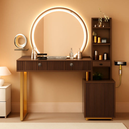 Makeup Vanity Desk with round Mirror and Lights, Glass Top Vanity Table W/5X Magnifying Makeup Mirror, Dressing Table W/Power Outlets, Doorshelves & Adjustable Storage, Dark Brown
