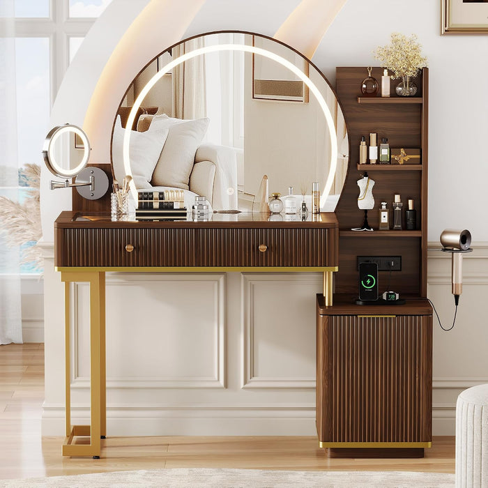 Makeup Vanity Desk with round Mirror and Lights, Glass Top Vanity Table W/5X Magnifying Makeup Mirror, Dressing Table W/Power Outlets, Doorshelves & Adjustable Storage, Dark Brown