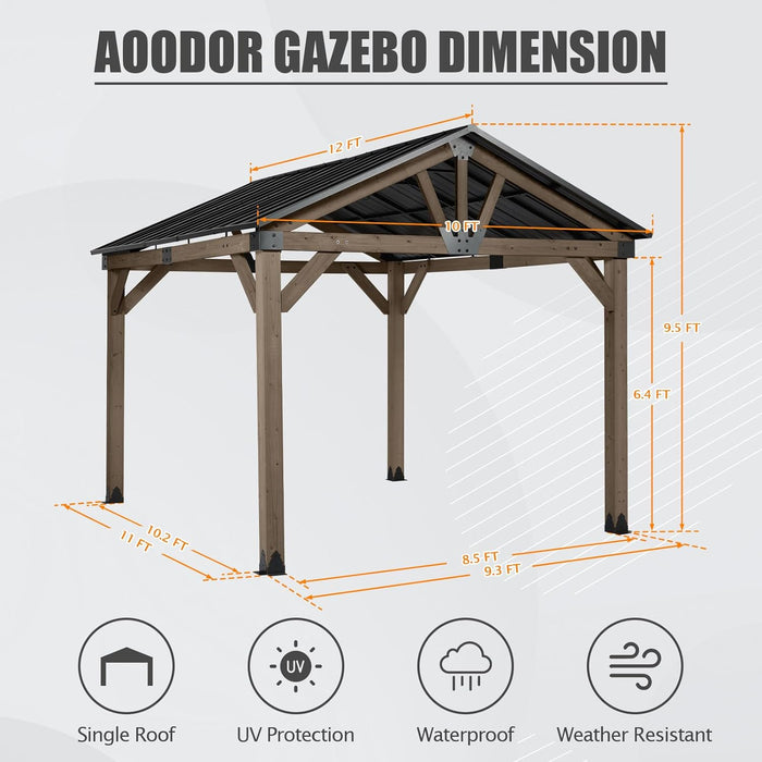 10 X 12 Ft. Wood Gazebo,Outdoor Upgrade Cedar Wooden Frame Gazebo with Single Galvanized Steel Roof, for Patio Backyard Deck and Lawns - Light Grey