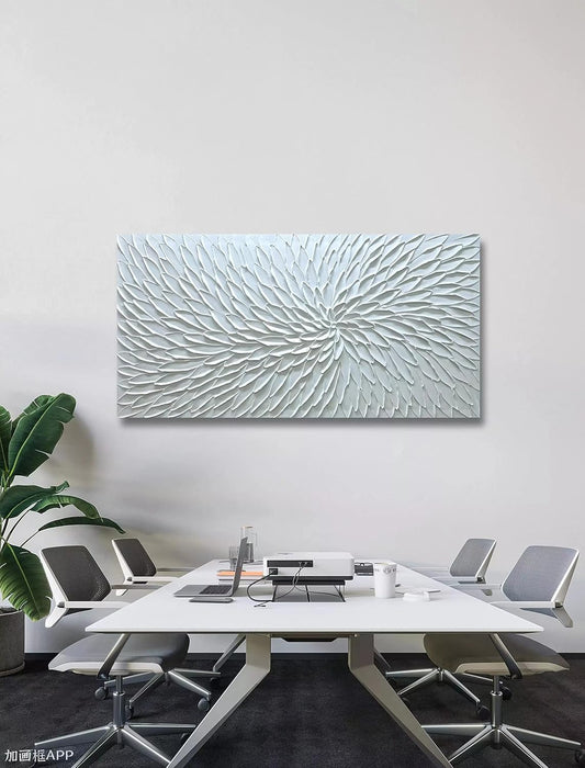 Handmade Textured White Abstract Flower Canvas Wall Art, 24X48 Inch Large Modern White Painting on Canvas with Heavy Impasto Acrylics, Ready to Hang