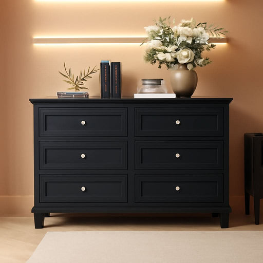 Farmhouse Black Dresser for Bedroom with 6 Drawer, Double Dresser TV Stand with Vintage Handle, Wide Wood Dressers & Chests of Drawers, 6 Drawer Dressers for Bedroom, Living Room, Hallway